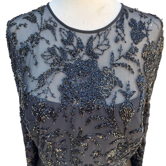 Oleg Cassini Black Tie Vintage Black‎ Beaded Evening Gown Sheer Floral Dress - Picture 11 of 14